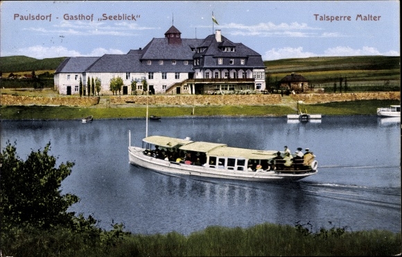 Postcard Malter Dippoldiswalde, Malter dam, Paulsdorf, Gasthof Seeblick, ship