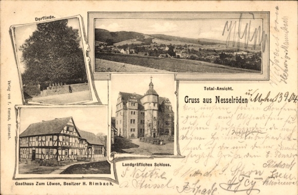 Ak Nesselröden Herleshausen in Hessen, kasteel, Gasthaus zum Löwen, dorpslinde, totaalbeeld