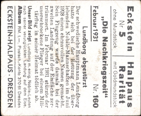Collector's picture The post-war period No. 160 February 1931 Lundborg crashed, Nobile teams