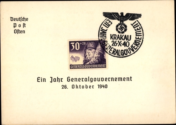 PC stamp Kraków Krakow Poland, One Year General Government, October 26, 1940, Deutsche Post Osten