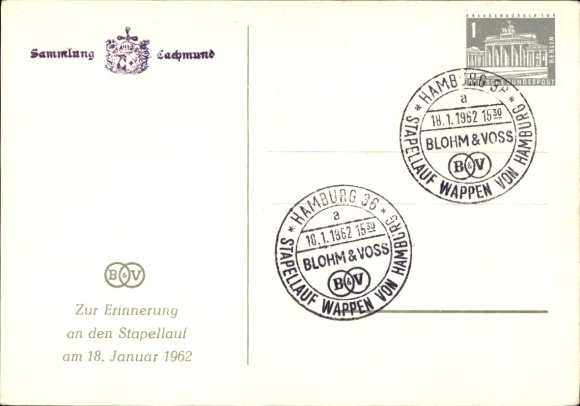 Kunstenaarsansichtkaart passagiersschip MS wapen van Hamburg, Blohm en Voss, te water gelaten in 1962