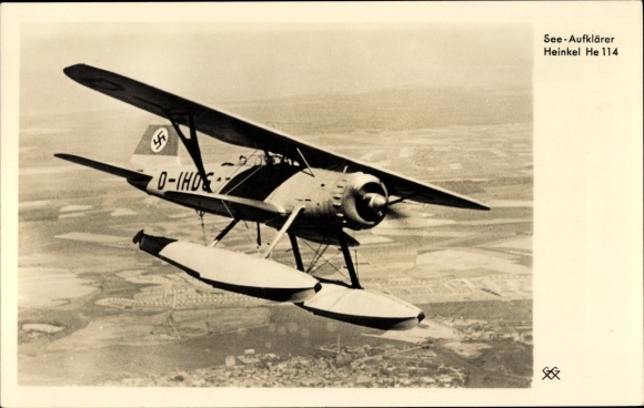 Postcard Heinkel He 114, sea reconnaissance aircraft, seaplane, Luftwaffe, D-IHOG, II. WW