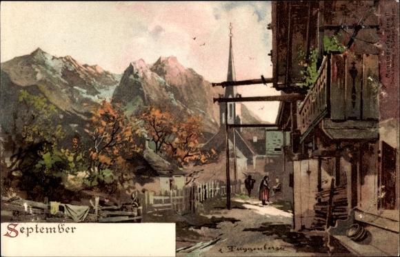 Artist Chromo-Litho Guggenberger, Thomas, Allegory, September, Village, Mountains