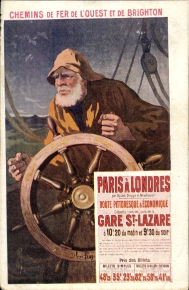 Artist Postcard Chemins de Fer de l&#39;Ouest et de Brighton, Paris, London, Seemann am Steuer
