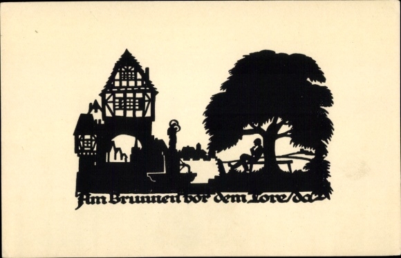 Paper cutting artist Postcard Schwindt, AM, At the fountain in front of the gate