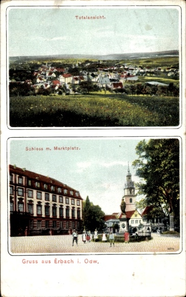 Postcard Erbach in the Odenwald Hesse, total view, castle, market square