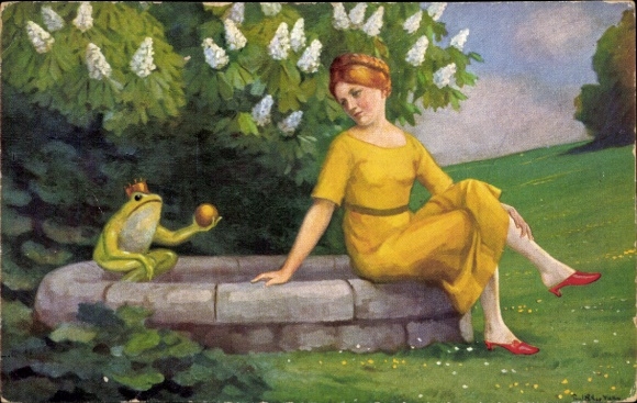 Artist Postcard Müller, PL, Frog Prince, Woman in Yellow Dress