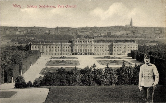 Postcard Vienna 13 Hietzing Austria, Schönbrunn Palace, park view, Emperor Franz Joseph I.