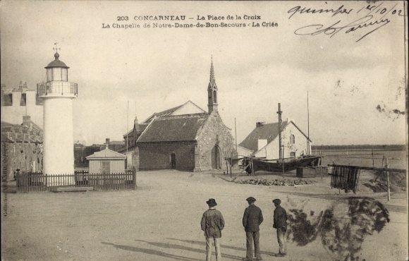 PC Concarneau Finistère, lighthouse, church, harbor, fishermen, men, coastal view, atmosphere