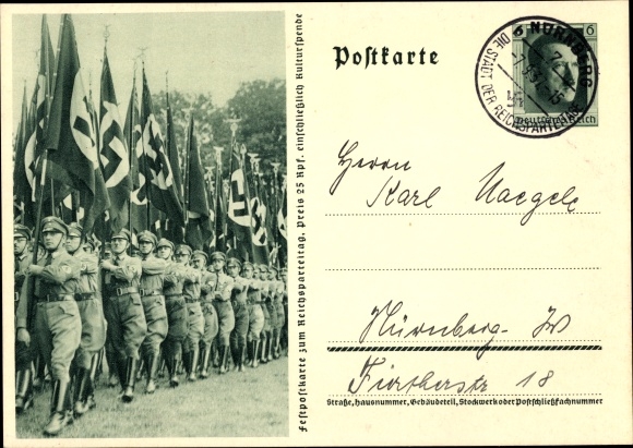 Postal stationery PC Nuremberg, Nazi Party Rally 1937, SA men with flags