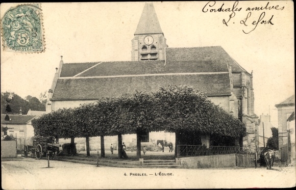 Ak Presles Val d'Oise, L'Eglise, Kutsche