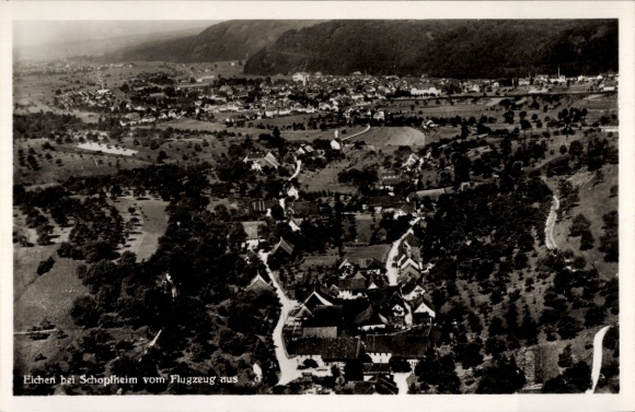 Postcard Eichen Schopfheim in the Black Forest Baden, aerial view of oak trees, view from the plane, quiet la