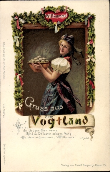 Postcard costume from the Vogtland, Willkumme, woman with dumplings