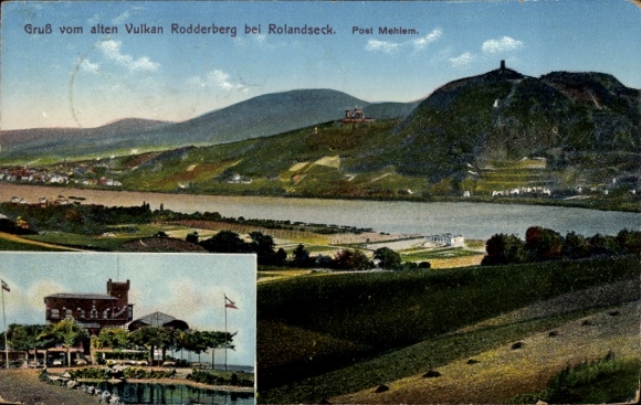 Ak Rolandseck Remagen am Rhein, Vulkan Rodderberg, Flusslandschaft, Gebäude, Postkarte