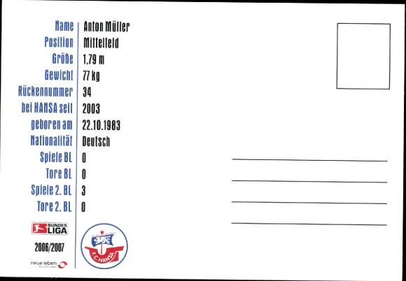 Autograph card footballer Anton Müller, FC Hansa Rostock, autograph
