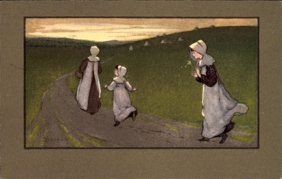 Artist Postcard Barham, S., Women and Girls on a Path
