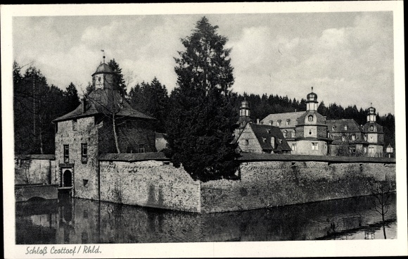 Postcard Krottorf Friesenhagen Rhineland, View to Castle Crottorf, wall, river