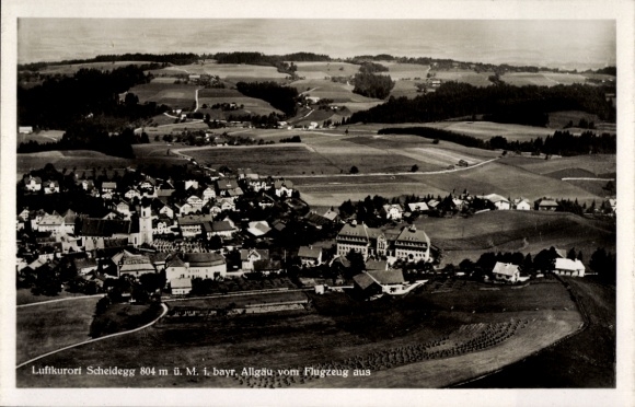 Postcard Scheidegg in Allgäu Swabia, aerial photograph