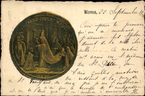 Wybita pocztówka Watykan, Rzym, moneta, papież Leon XIII, Vincenzo Gioacchino Pecci, rok rocznicowy