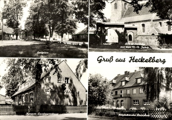 Postcard Heckelberg in Brandenburg, village square, Konsum, fortified church