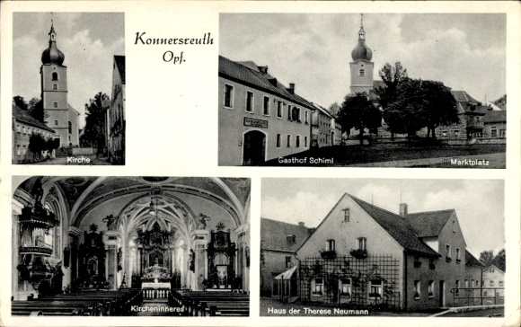 Postcard Konnersreuth Oberpfalz, Church, Market Square, House of Therese Neumann, Church Interior