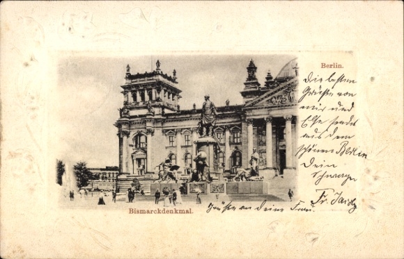 Präge Passepartout Ak Berlin Tiergarten, Bismarckdenkmal vor dem Reichstagsgebäude
