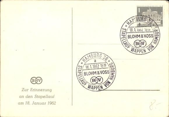 Kunstenaarsansichtkaart passagiersschip MS wapen van Hamburg, Blohm en Voss, te water gelaten in 1962