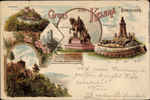 litho Kelbra bij de Kyffhäuser, Kaiser Wilhelm monument, ruiterstandbeeld, Rothenburg