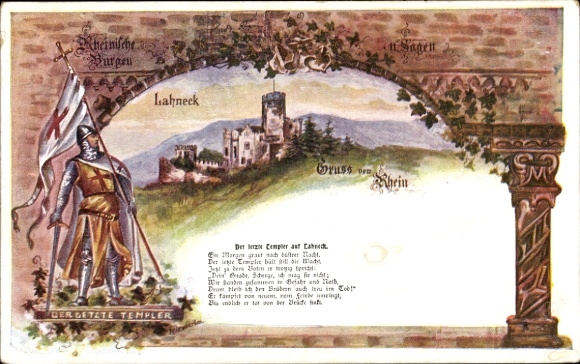 KP Oberlahnstein Lahnstein am Rhein, Zamek Lahneck, rycerz z tarczą, Zamek Lahneck w tle