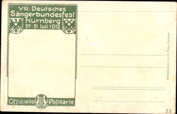 Artist PC Schmidt, Nuremberg in Middle Franconia Bavaria, VIII German Singers&#39; Festival 1912