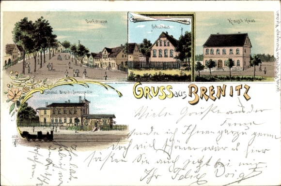 Chromo-Litho Brenitz Sonnewalde in Niederlausitz, village street, schoolhouse, Krausch-Haus, train station