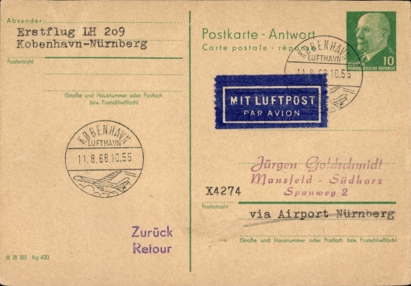 Papeteria pocztowa KP DDR, znaczek lotniczy pierwszy lot LH 209 Kopenhaga - Norymberga