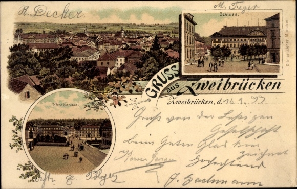 Chromo-Litho Zweibrücken in the Palatinate, general view, castle, Herzogstraße