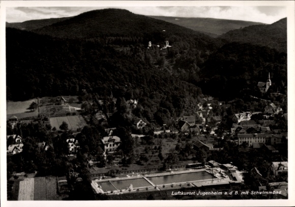Ak Jugenheim an der Bergstraße Hessen, Fliegeraufnahme, Schwimmbad