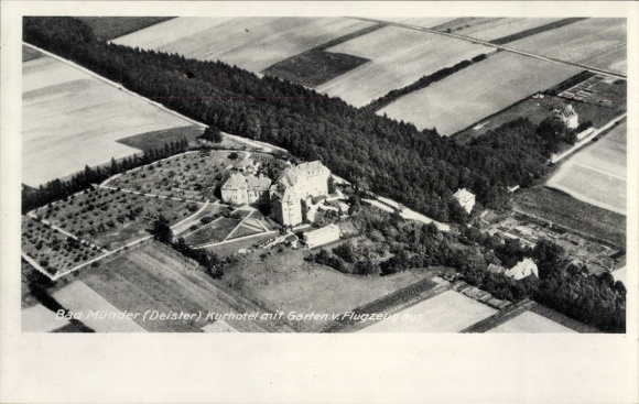 Postcard Bad Münder am Deister, aerial photograph of spa hotel with garden