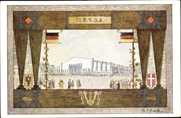 Coat of arms artist PC Schüle Vienna 2 Leopoldstadt, singers&#39; hall, 10th German singers&#39; association festival 1928