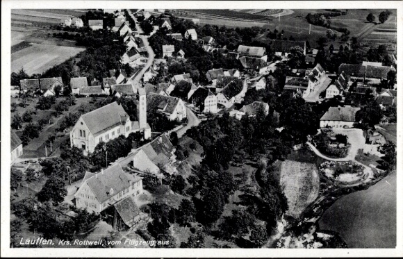 Postcard Lauffen am Neckar Kreis Heilbronn, aerial photograph of the village, church