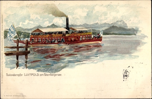 Chromo-Litho saloon steamer Luitpold on Lake Starnberg