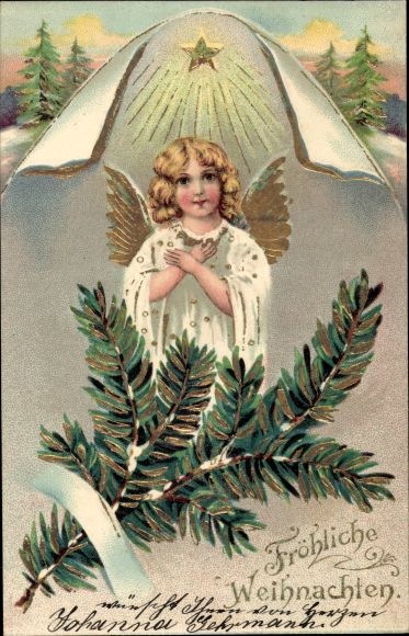 Reliëf glitter litho Gefeliciteerd Kerstmis, engel, dennentak, ster