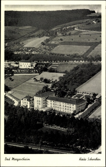 Postcard Bad Mergentheim in Tauberfranken, aerial view of Haus Schwaben, rural surroundings