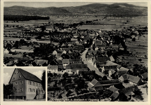 Postcard Gündlingen Breisach am Oberrhein, aerial photograph, Gasth. zur Sonne