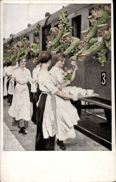 Artist Postcard Wennerberg, B., refreshment station, soldiers getting drinks, train, women