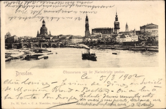 Ak Dresden Altstadt,  Elbpanorama von der Marienbrücke, Schiffe auf der Elbe