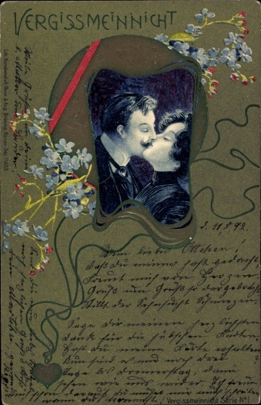 Art Nouveau embossed passepartout litho forget-me-not, kiss, lovers