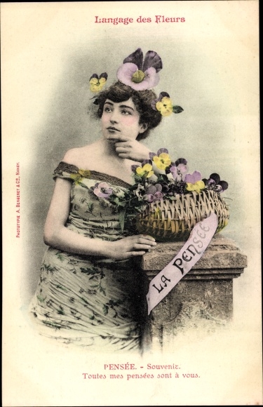 Postcard Language of Flowers, Pansy, Stiefmütterchen, Blumensprache, Frau