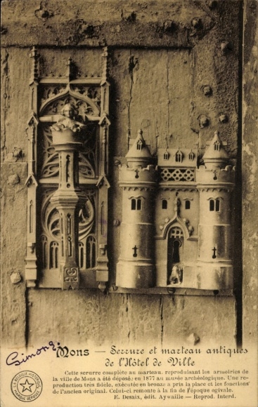 PC Mons Wallonia Hainaut, antique door lock and hammer, coat of arms from 1877, bronze reproduction