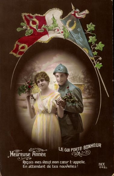 PC Happy New Year, French soldier with a woman, flag