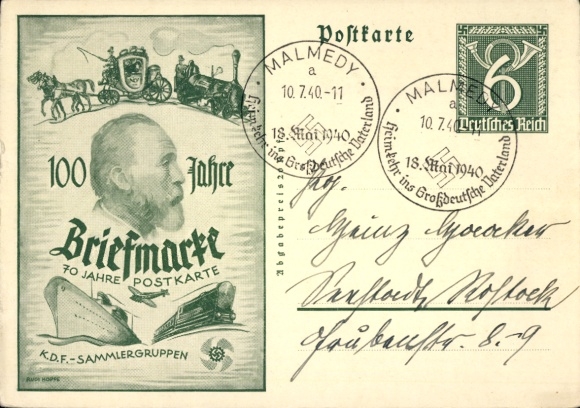 Postwaardestuk Ak 100 jaar postzegel, 70 jaar ansichtkaart, Dr. Heinrich von Stephan, KdF-verzamelaarsgroepen
