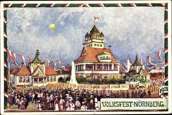 Postwaardestukken kunstenaarskaart Neurenberg in Midden-Franken Beieren, PP 15 D 58/01, volksfeest 1908