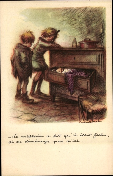 Artist Postcard Poulbot, Franciscque, Baby im Schubkasten, The doctor said he was done for